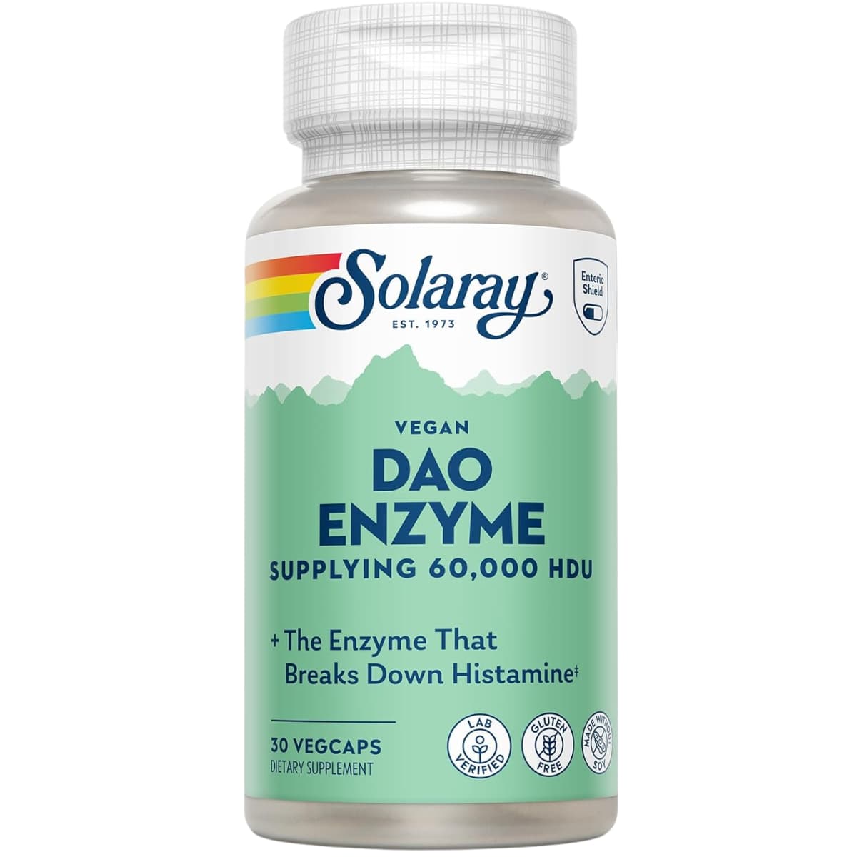 Frasco de suplemento Solaray Enzima DAO 4.2 mg 30 cápsulas