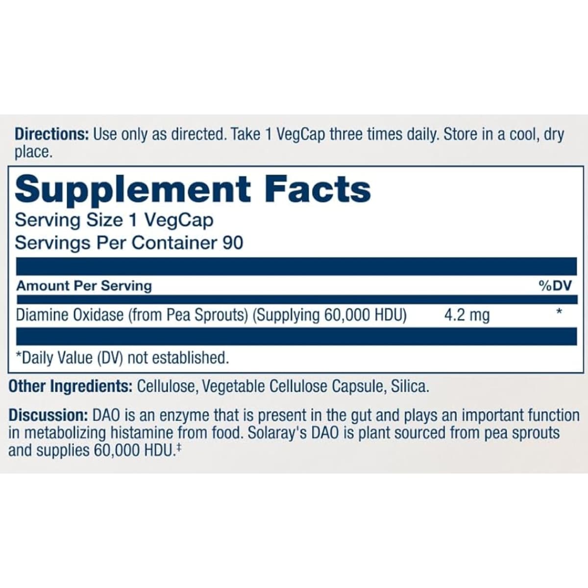 Tabla nutricional del suplemento Solaray Enzima DAO 4.2 mg 90 cápsulas