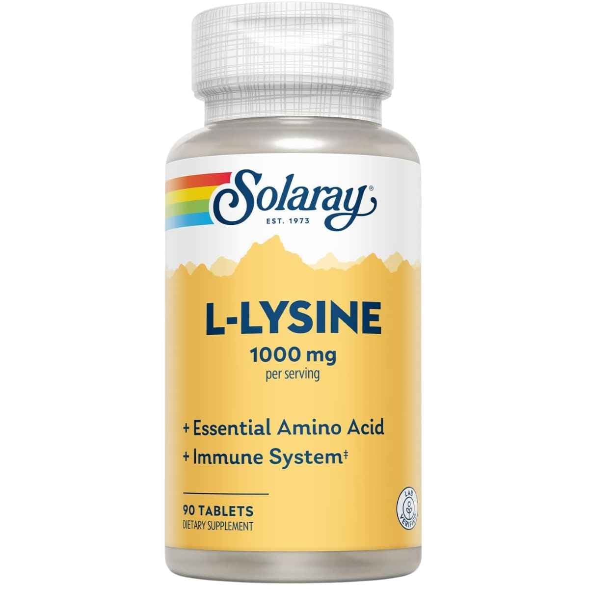 Frasco de suplemento Solaray L-Lisina 1000 mg 90 tabletas