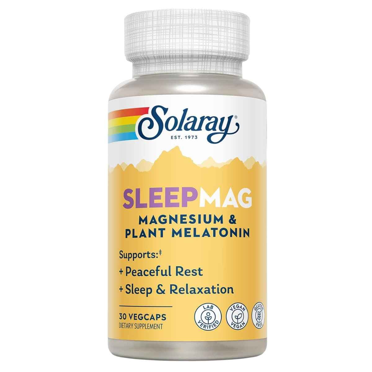 Solaray SleepMag magnesio y melatonina vegetal, frasco de 30 cápsulas vegetales
