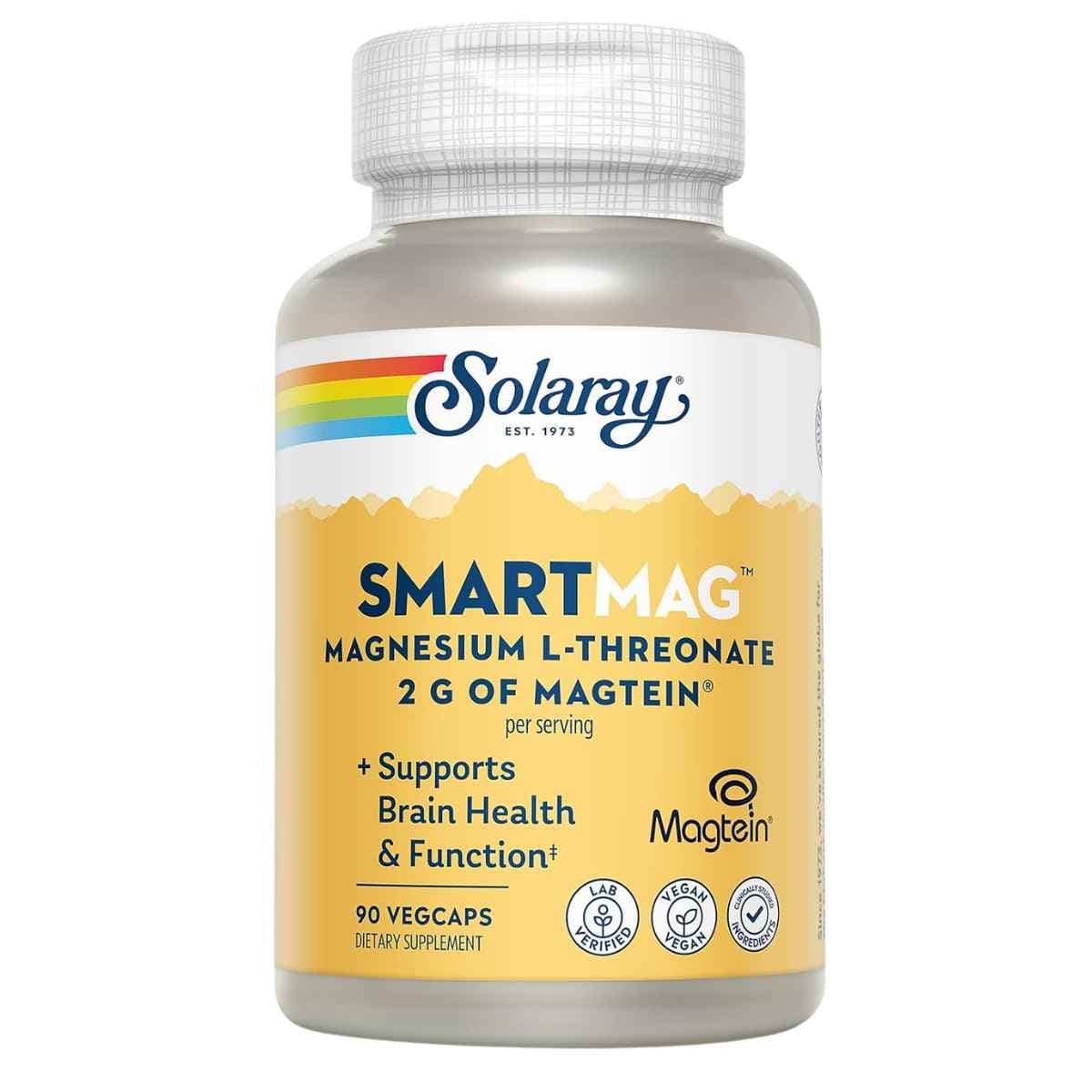Frontal de Solaray SmartMag L-treonato de magnesio 144 mg por porción 90 cápsulas