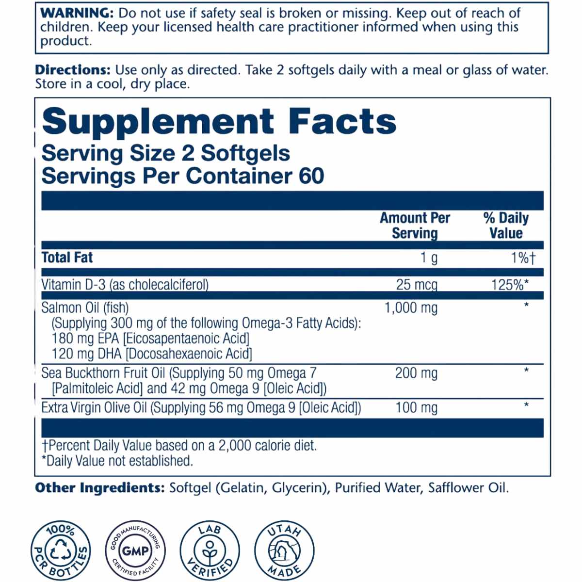 Información del suplemento de Solaray Super Omega 3-7-9 con vitamina D3 y aceite de salmón.