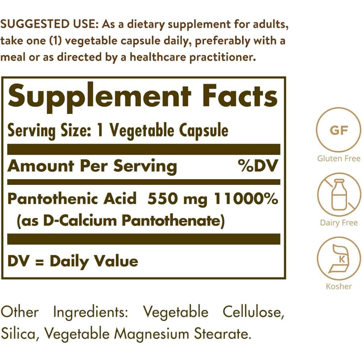 Tabla nutricional del suplemento Solgar Ácido Pantoténico 550 mg 100 cápsulas vegetales