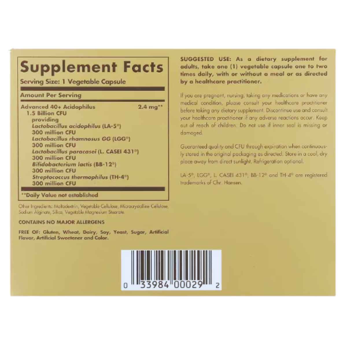 Tabla nutricional del suplemento Solgar Advanced 40+ Acidophilus 120 cápsulas vegetales