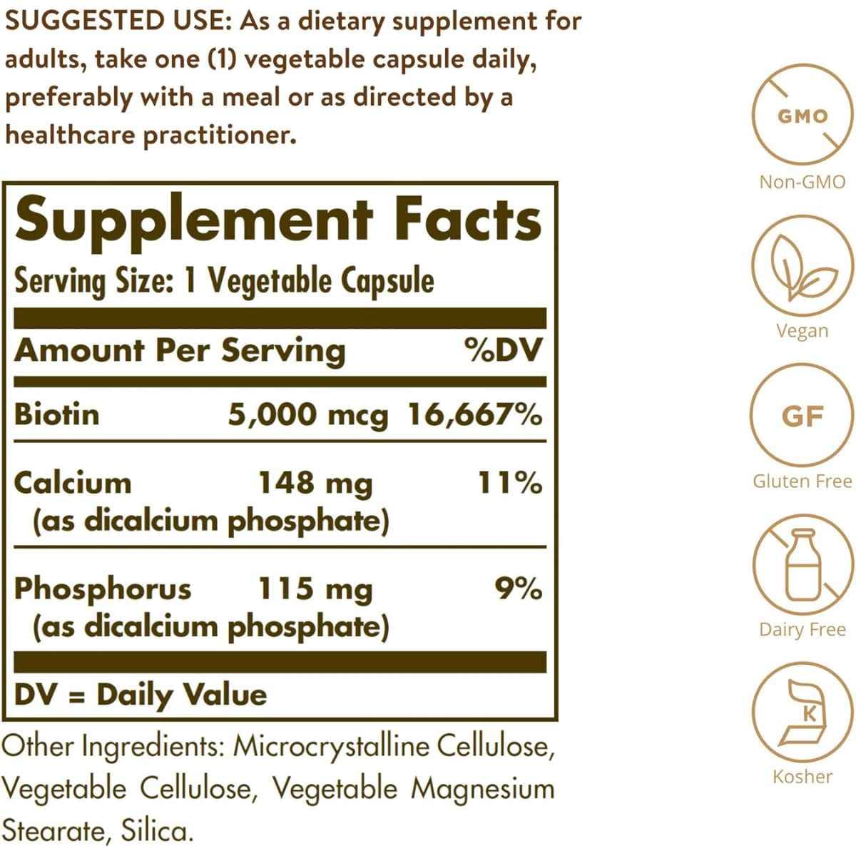Información del suplemento de Solgar biotina 5000 mcg, variante de 180 cápsulas vegetales