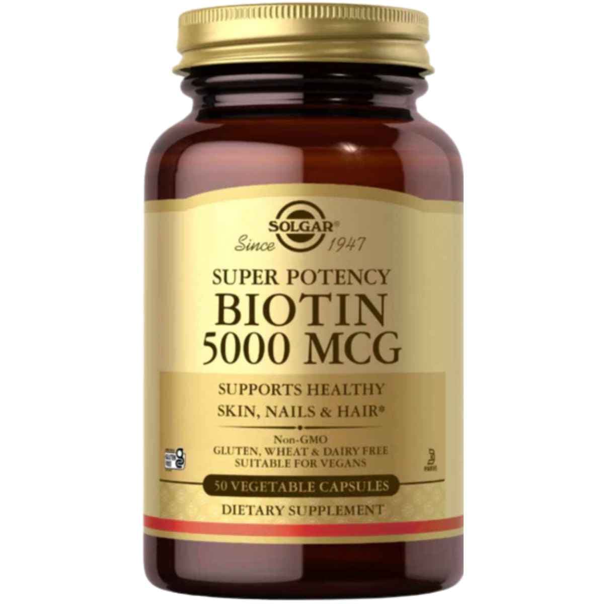 Solgar biotina 5000 mcg, frasco de 50 cápsulas vegetales