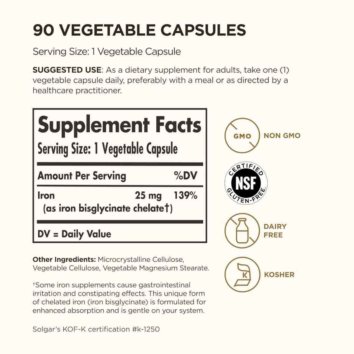 Tabla nutricional del suplemento Solgar Bisglicinato de Hierro 25 mg 90 Cápsulas Vegetales