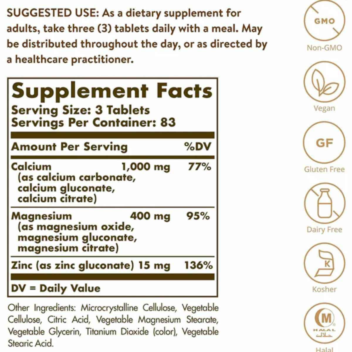 Tabla nutricional del suplemento Solgar Calcio, Magnesio y Zinc 250 tabletas