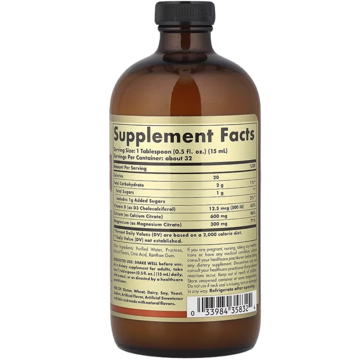 Etiqueta posterior del frasco Solgar de citrato de calcio, magnesio y vitamina D3 líquido sabor naranja vainilla, con información del suplemento, modo de uso y advertencias, 473 ml