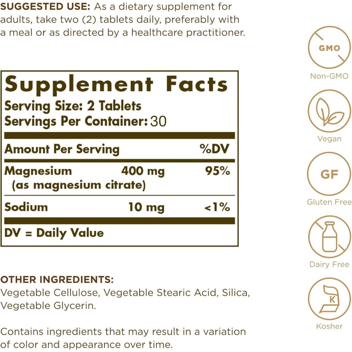Información del suplemento Solgar citrato de magnesio 60 tabletas