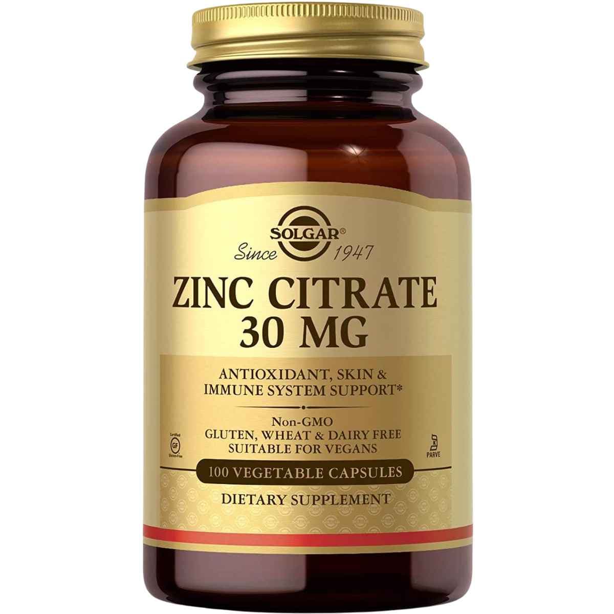 Frasco de suplemento Solgar Citrato de Zinc 30 mg 100 cápsulas