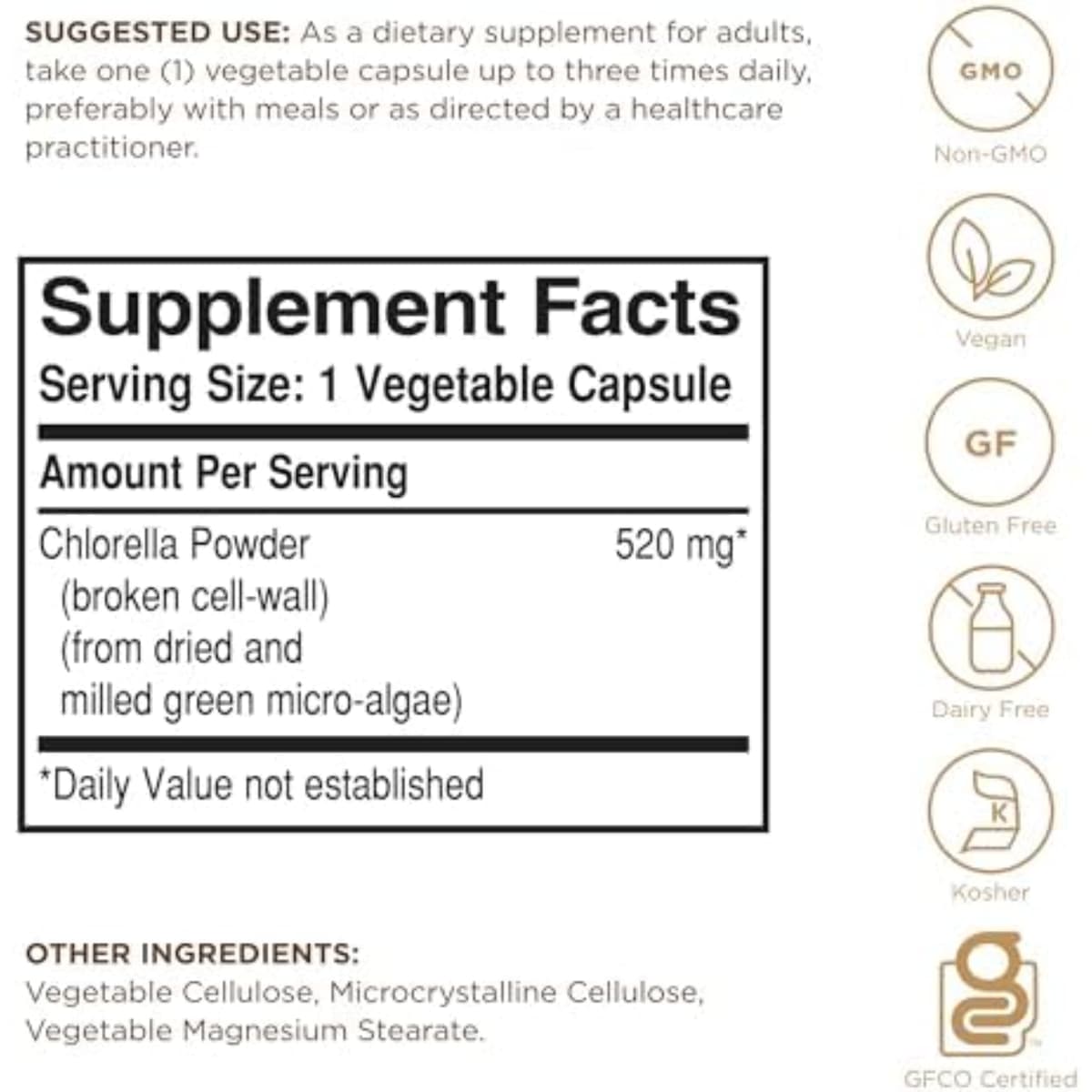 Tabla nutricional del suplemento Solgar Clorela 100 cápsulas vegetales