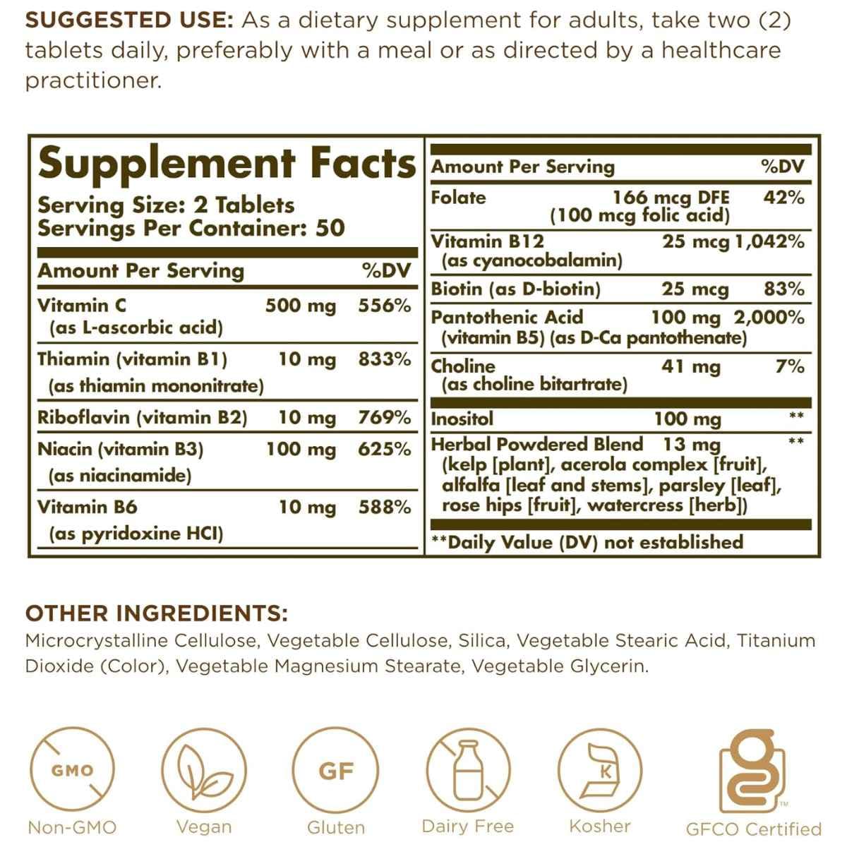 Tabla nutricional del suplemento Solgar Complejo B con Vitamina C Fórmula Anti-Estrés 100 tabletas