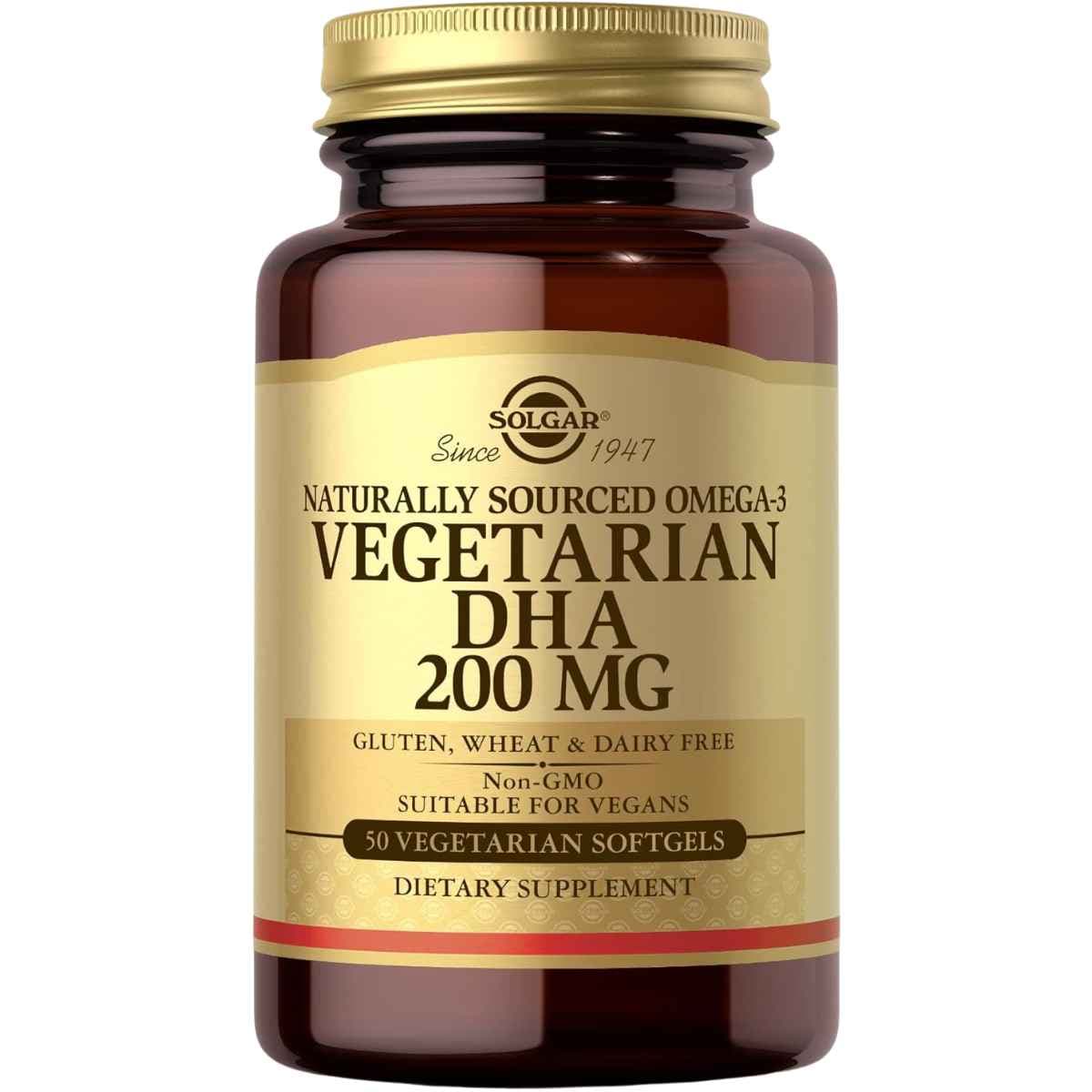 Frasco frontal de Solgar DHA Vegetariano Omega-3 de 200 mg con 50 cápsulas blandas