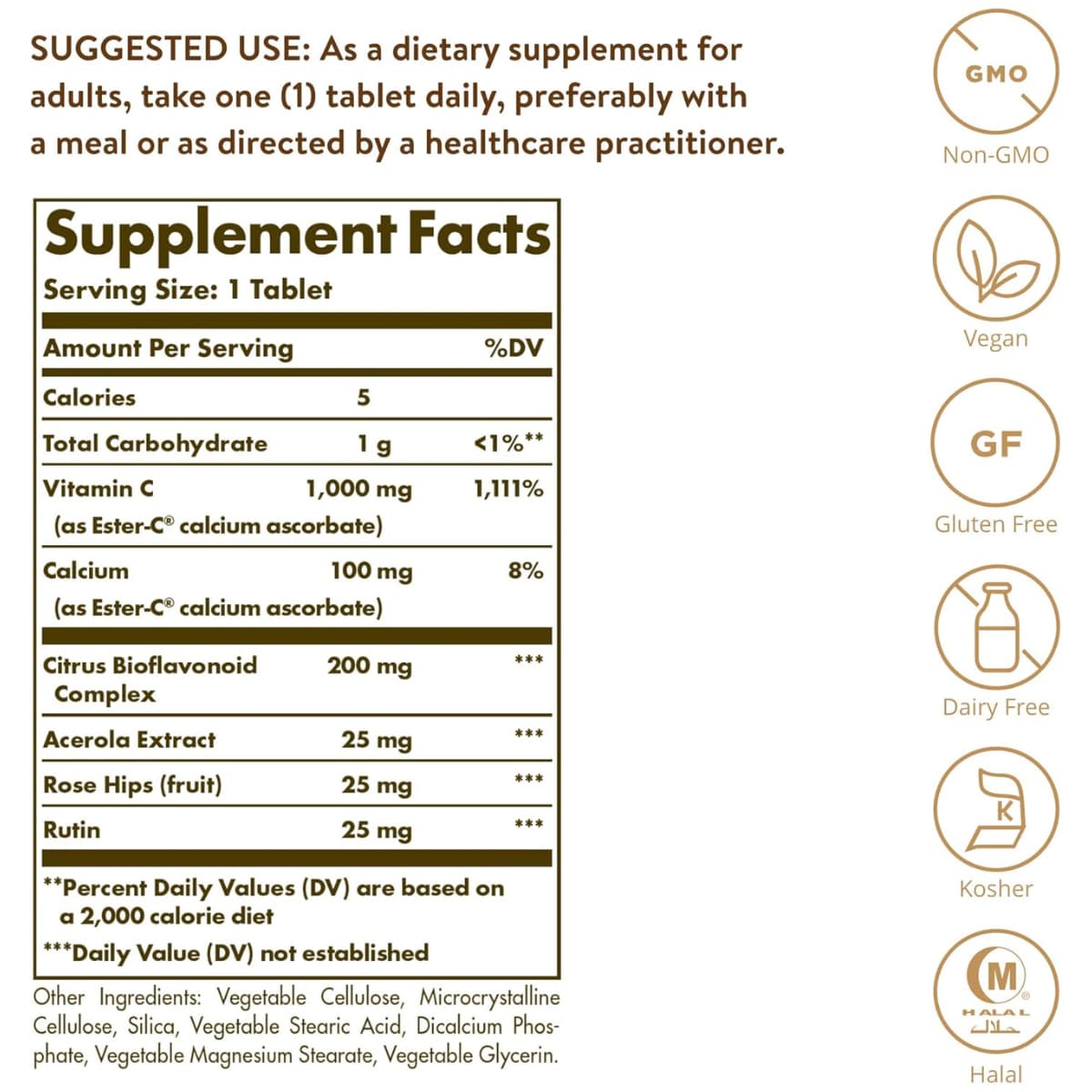 Etiqueta de ingredientes de Solgar Ester-C Plus vitamina C 1000 mg, presentación de 60 tabletas.
