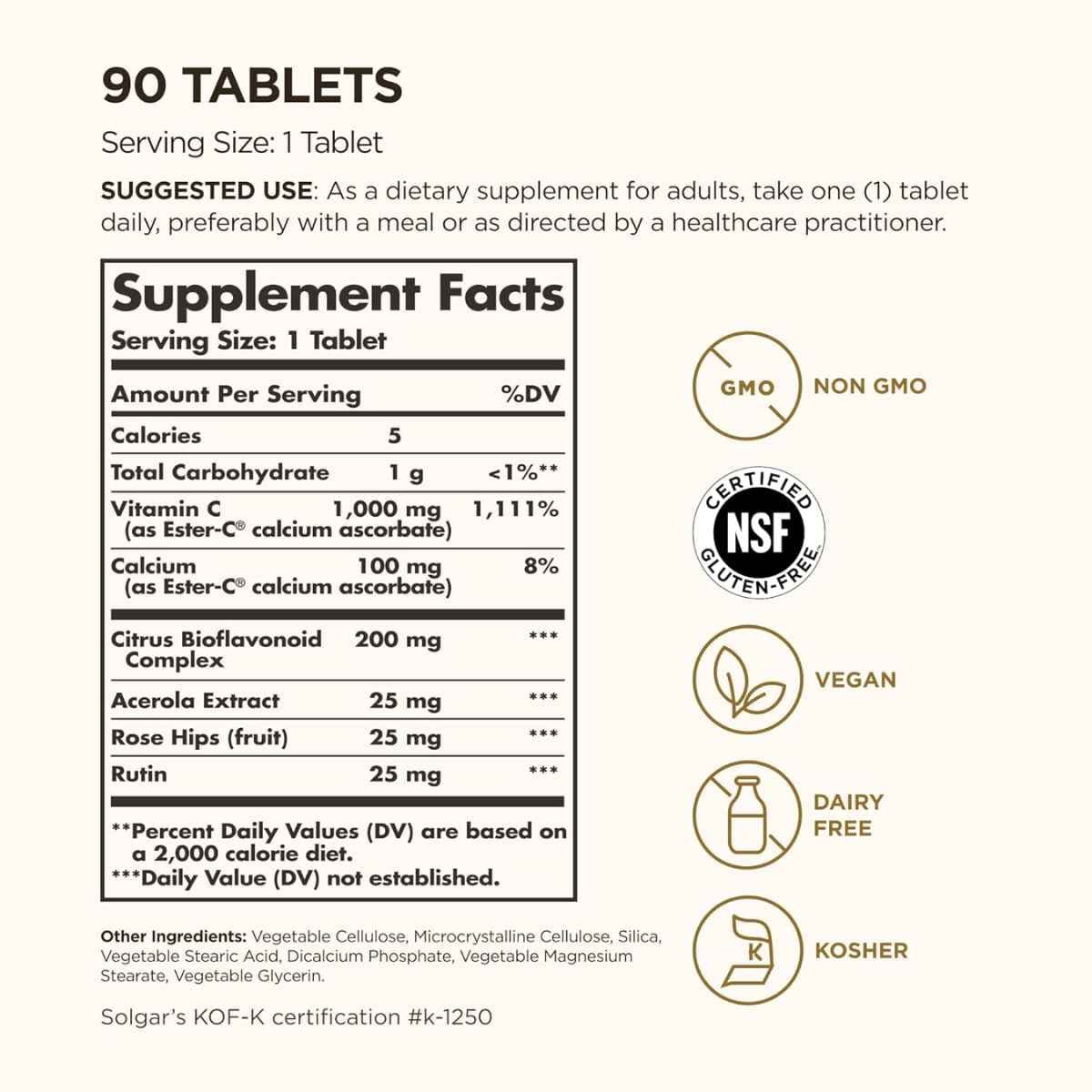 Etiqueta de ingredientes de Solgar Ester-C Plus vitamina C 1000 mg, presentación de 90 tabletas.