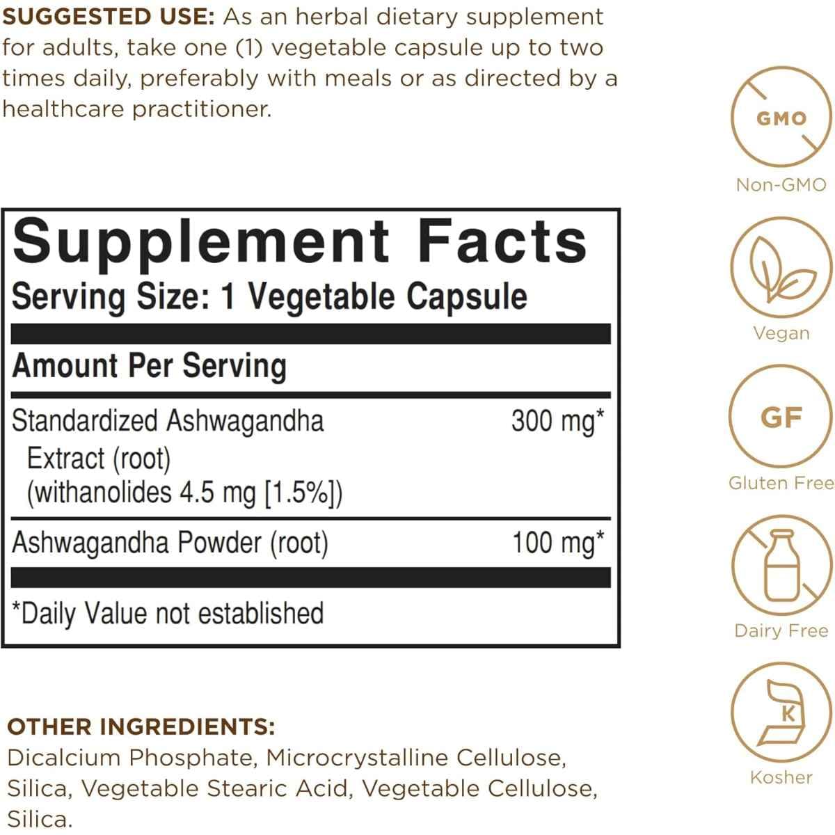 Tabla nutricional del suplemento Solgar Extracto de Raíz de Ashwagandha 60 Cápsulas Vegetales