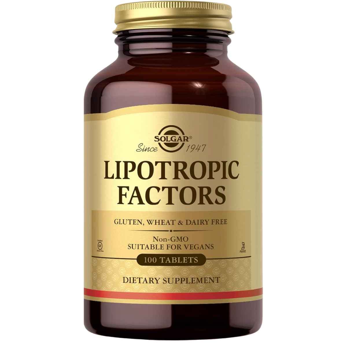 Frasco de suplemento Solgar Factores Lipotrópicos 100 tabletas