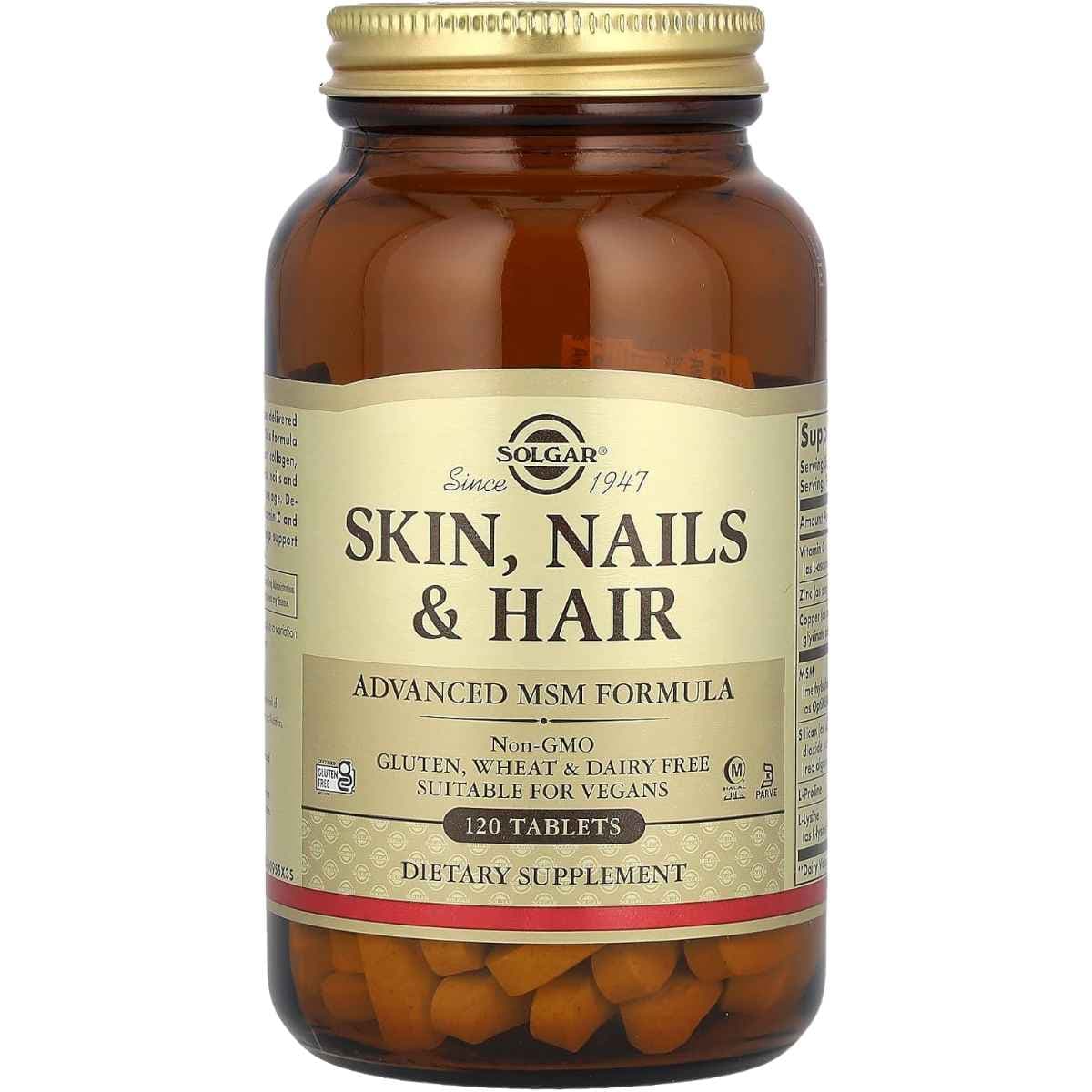 Frasco de suplemento Solgar Fórmula para Piel, Uñas y Cabello 120 tabletas
