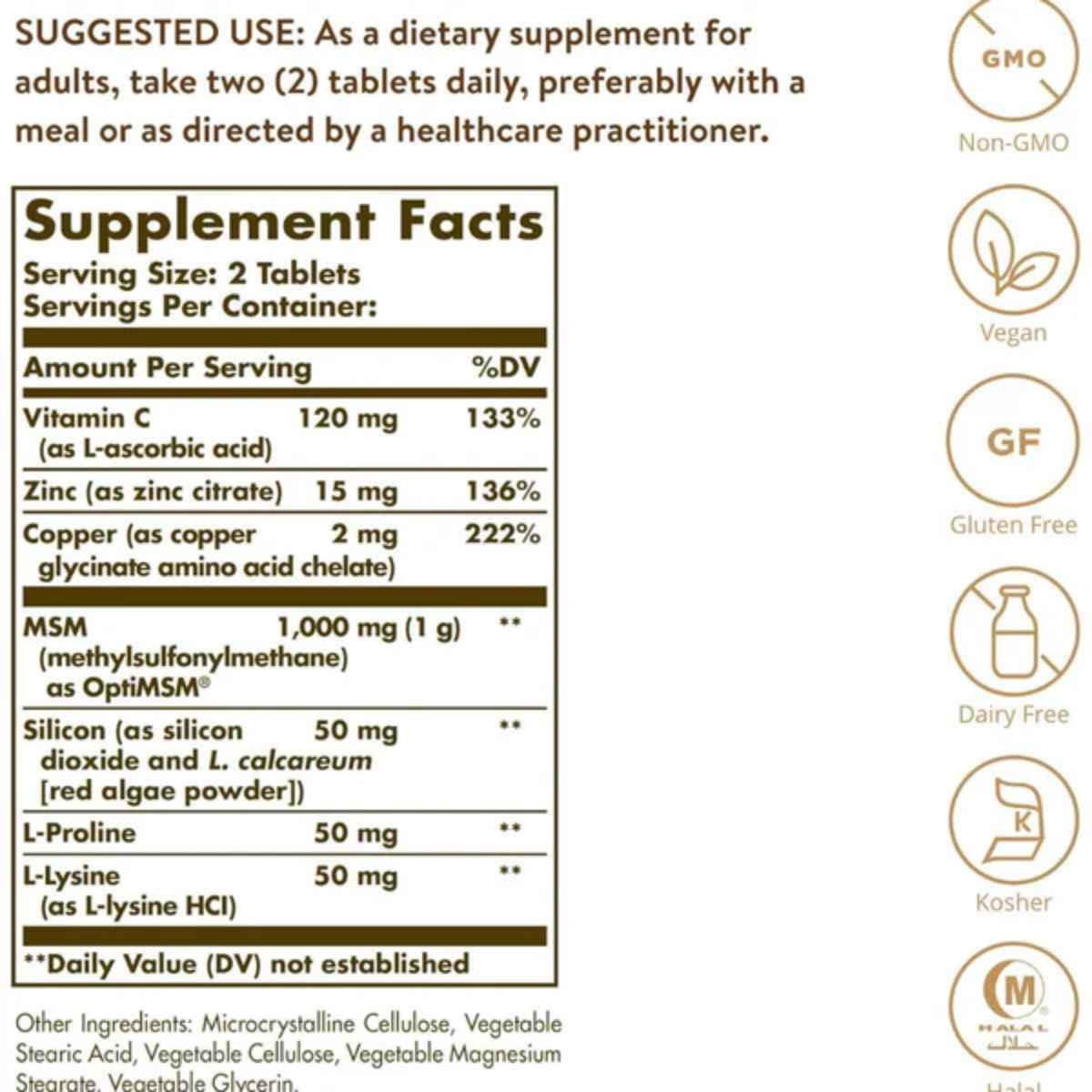 Tabla nutricional del suplemento Solgar Fórmula para Piel, Uñas y Cabello