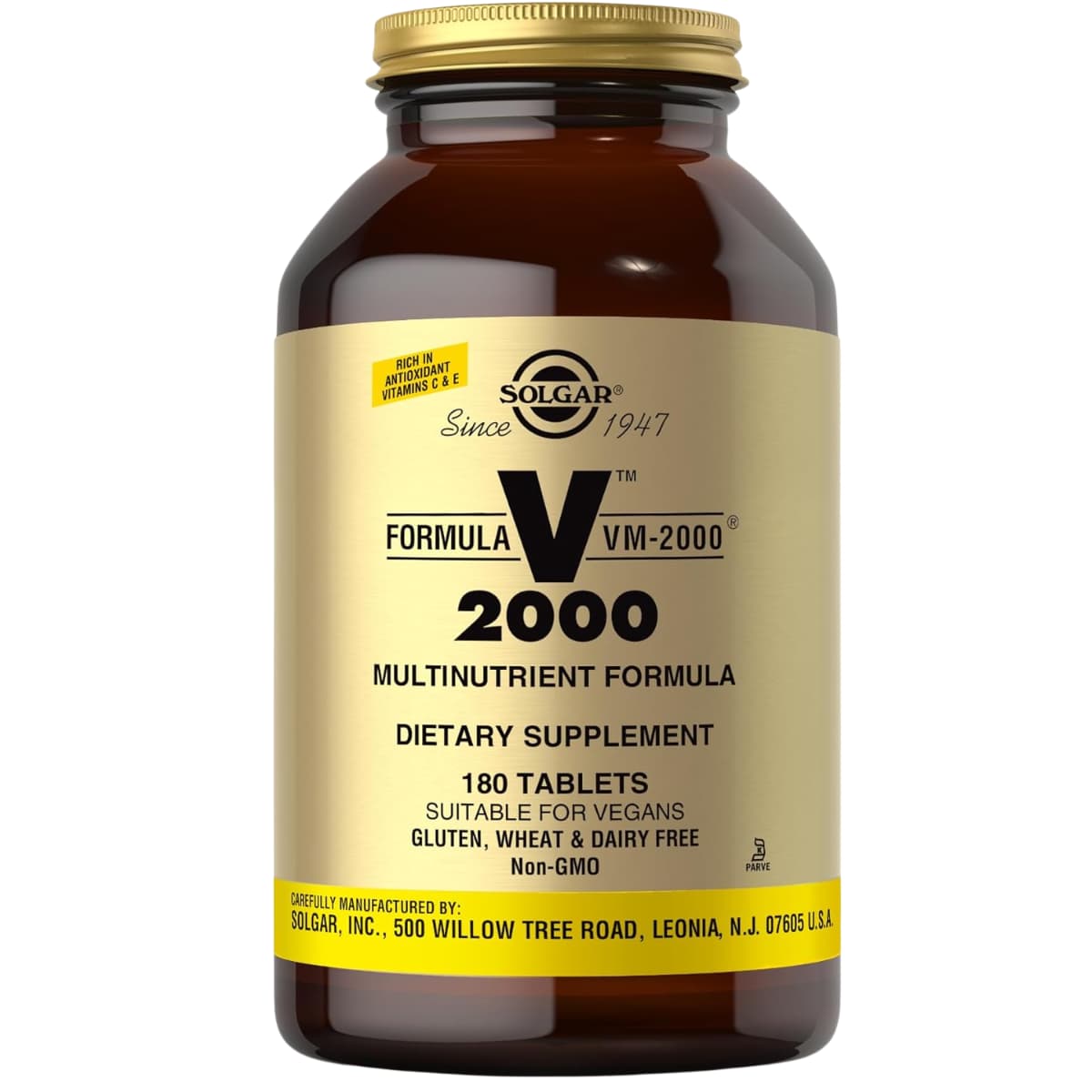 Frasco de suplemento Solgar Formula VM-2000 180 tabletas