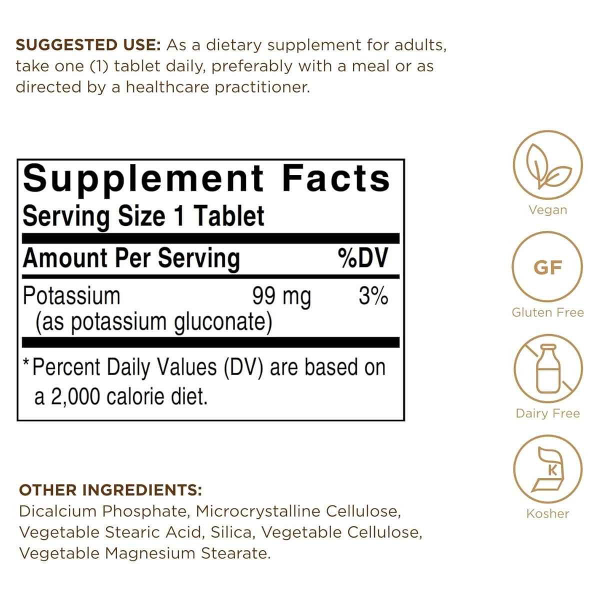 Tabla nutricional del suplemento Solgar Gluconato de Potasio 100 tabletas