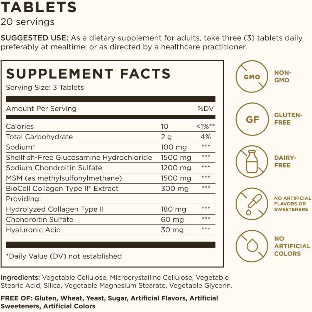 Tabla nutricional del suplemento Solgar Glucosamina, Ácido Hialurónico, Condroitina y MSM 60 tabletas