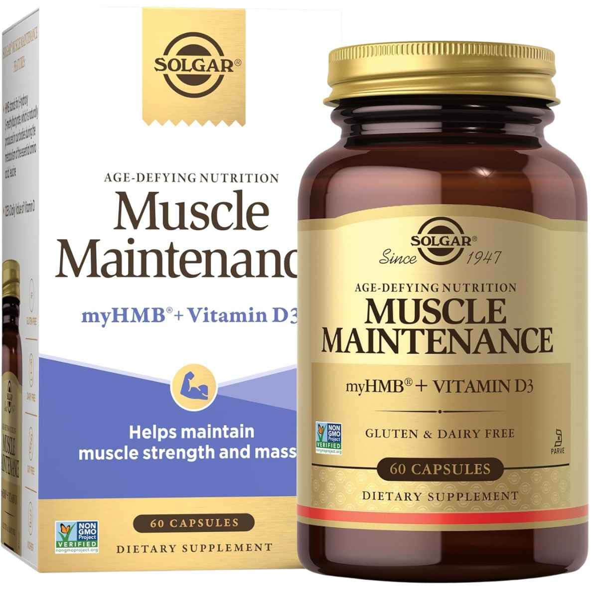 Frasco de suplemento Solgar HMB y Vitamina D3 1.5 g 60 cápsulas