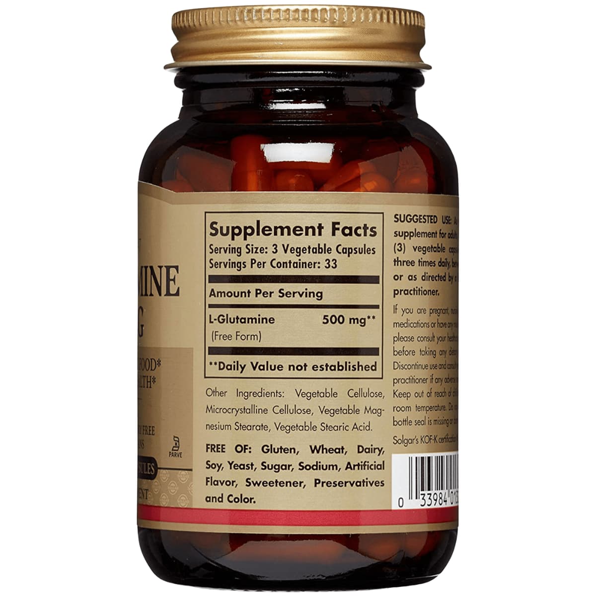 Tabla nutricional del suplemento Solgar L-Glutamina 500 mg 100 cápsulas