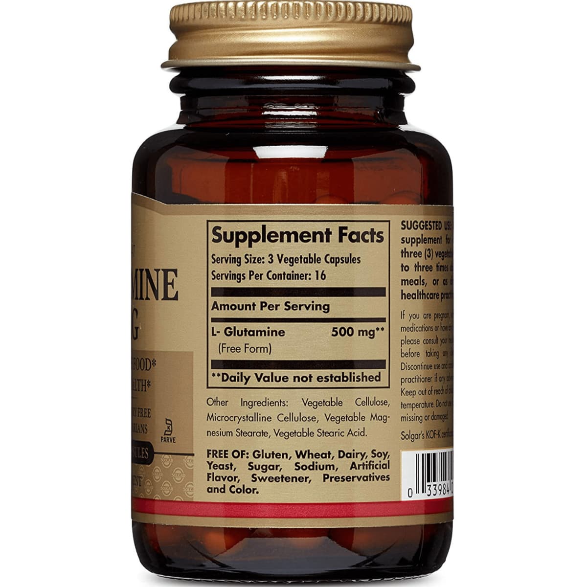 Tabla nutricional del suplemento Solgar L-Glutamina 500 mg 50 cápsulas