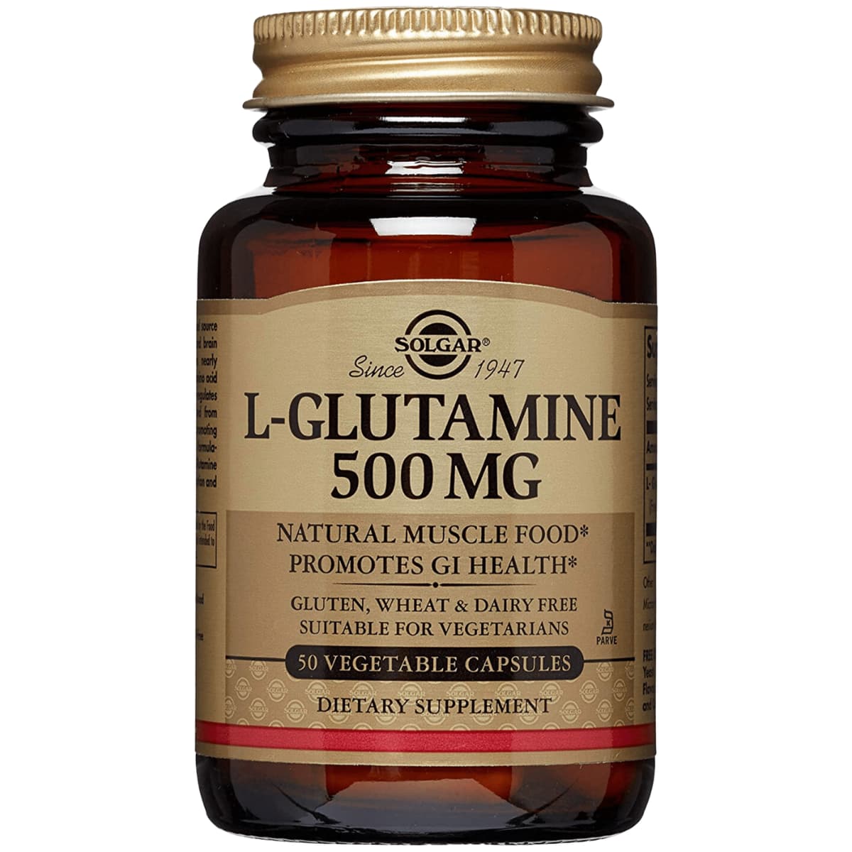 Frasco de suplemento Solgar L-Glutamina 500 mg 50 cápsulas