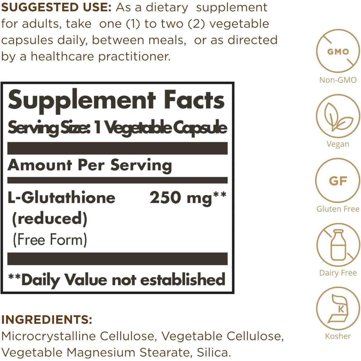 Tabla nutricional del suplemento Solgar L-Glutatión Reducido 250 mg 30 cápsulas