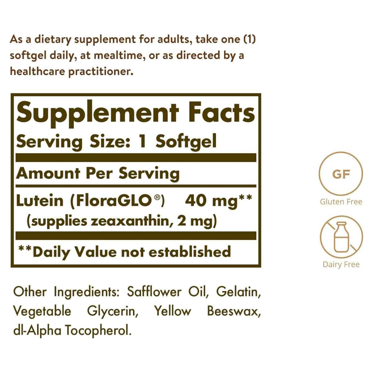 Tabla nutricional del suplemento Solgar Luteína 40 mg 30 cápsulas blandas.