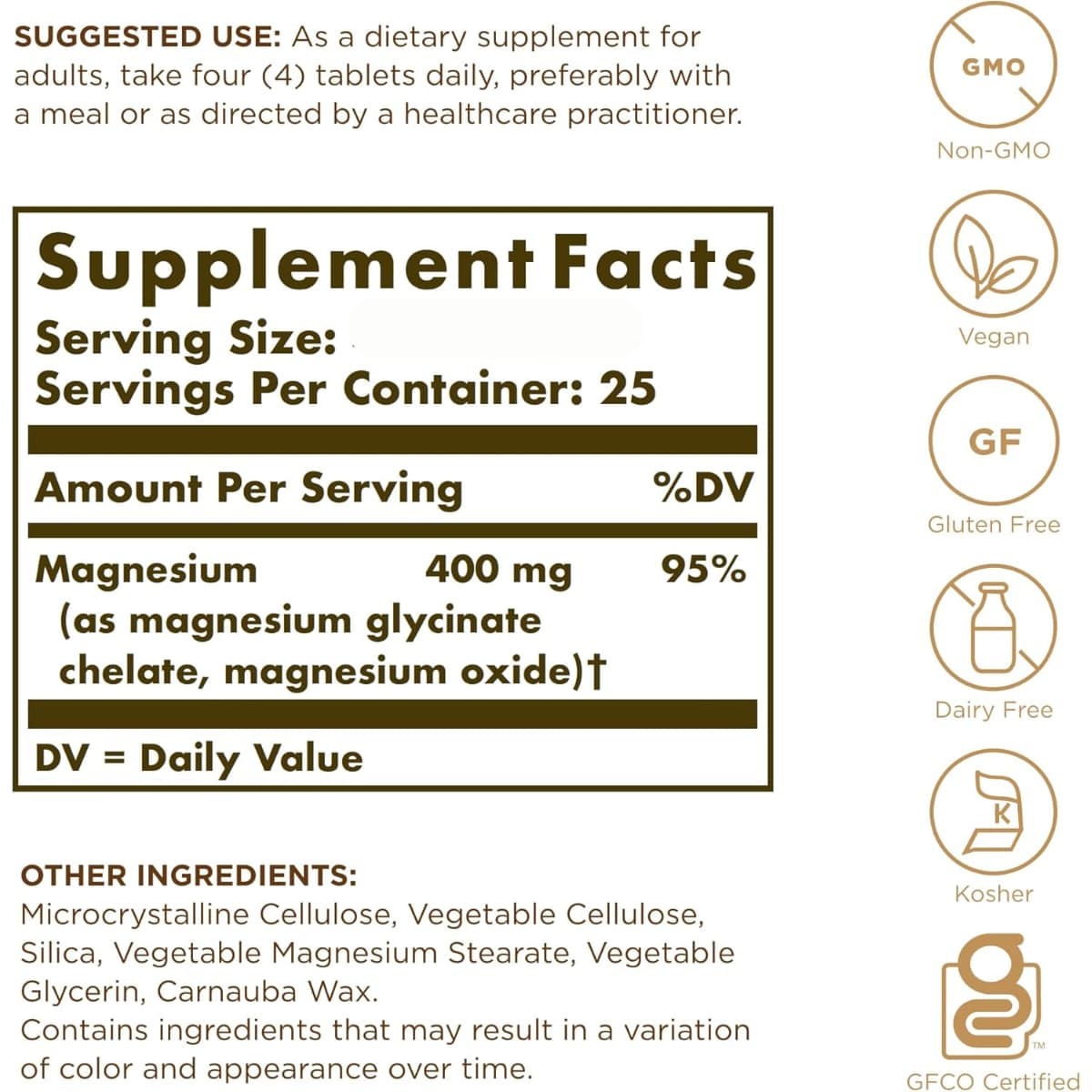 Tabla nutricional del suplemento Solgar Magnesio Quelado 100 tabletas