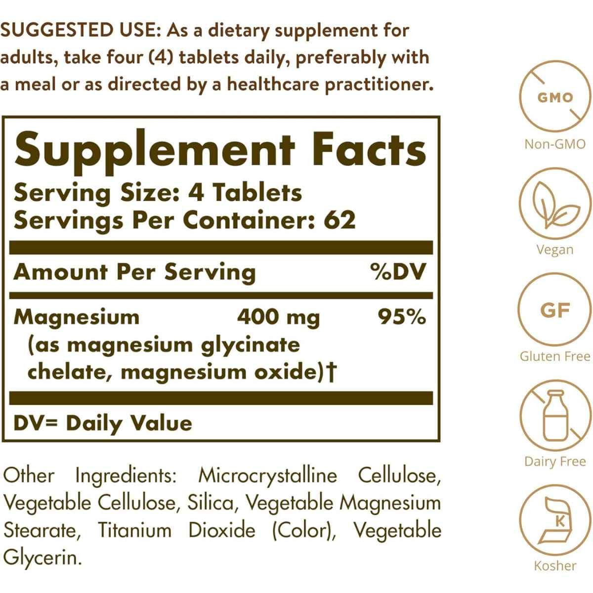 Tabla nutricional del suplemento Solgar Magnesio Quelado 250 tabletas