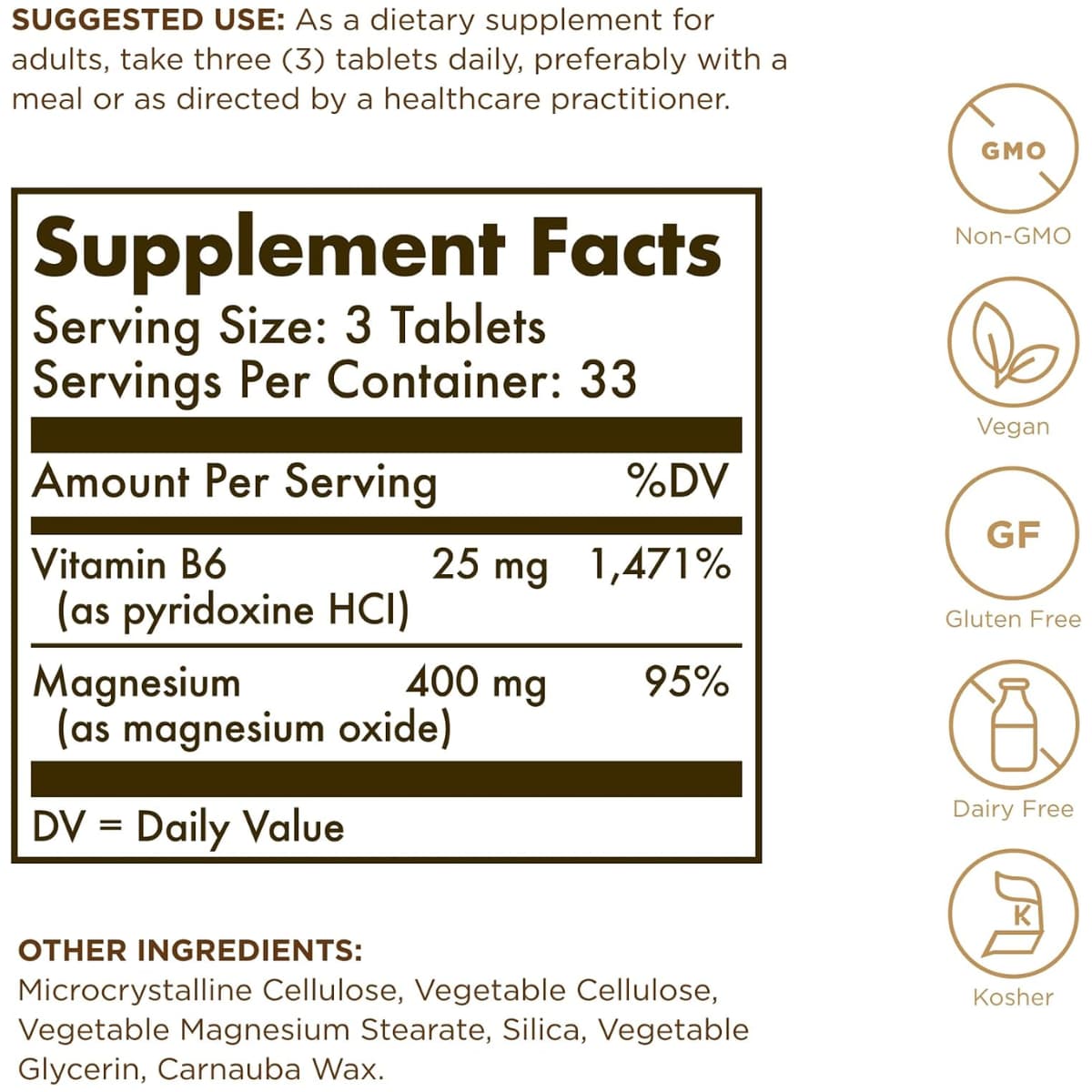 Información del suplemento Solgar magnesio con vitamina B6 para la presentación de 100 tabletas.