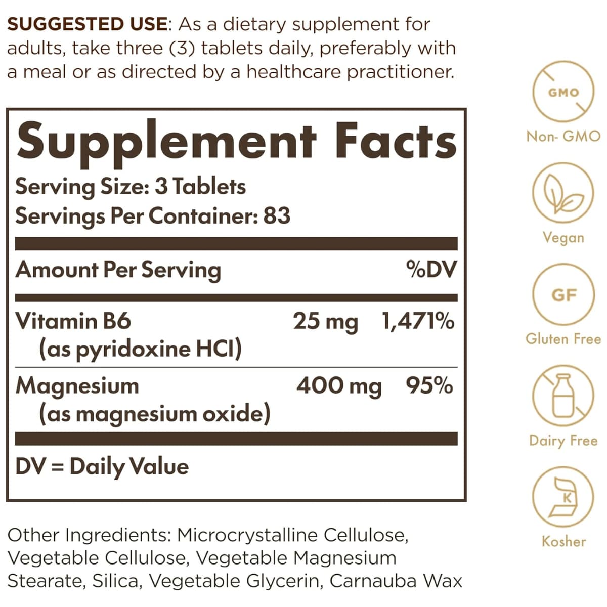 Información del suplemento Solgar magnesio con vitamina B6 para la presentación de 250 tabletas.