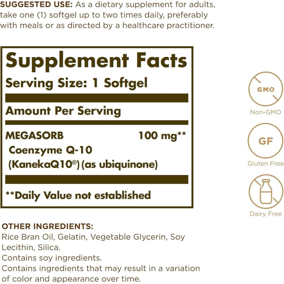 Tabla nutricional del suplemento Solgar MEGASORB Coenzima Q-10 100 mg 30 cápsulas blandas