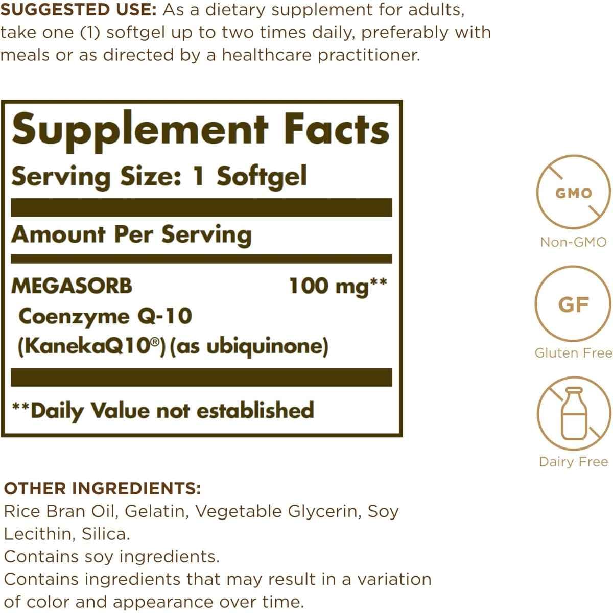 Tabla nutricional del suplemento Solgar MEGASORB Coenzima Q-10 100 mg 60 cápsulas blandas