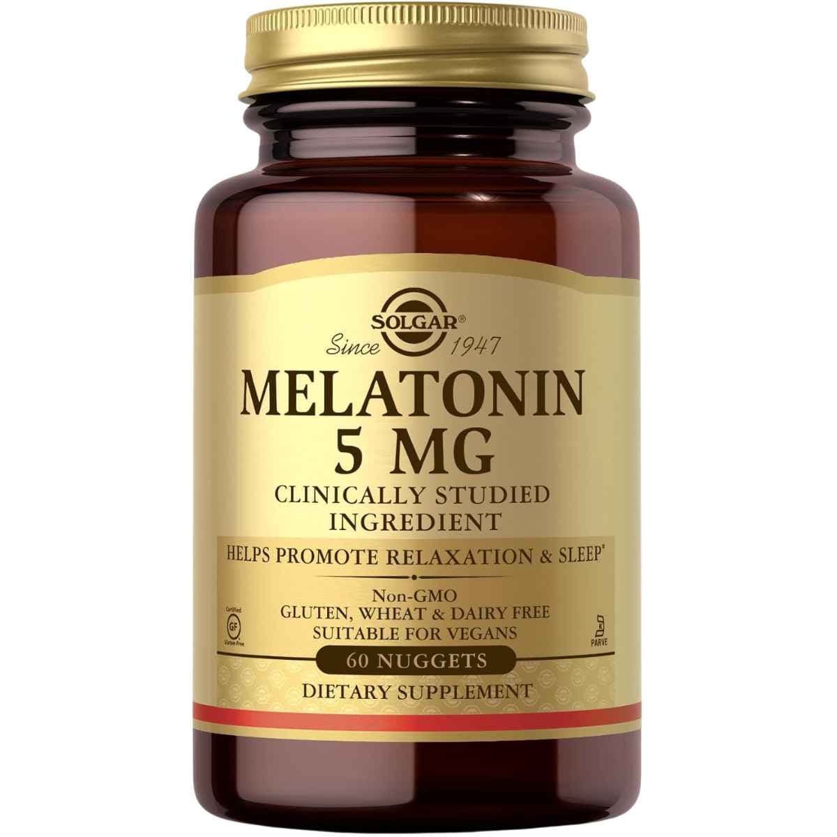 Frasco de suplemento Solgar Melatonina 5 mg 60 tabletas