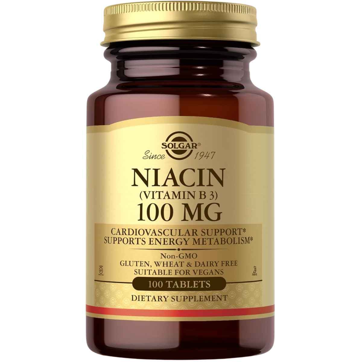 Frasco de suplemento Solgar Niacina (Vitamina B3) 100 Tabletas