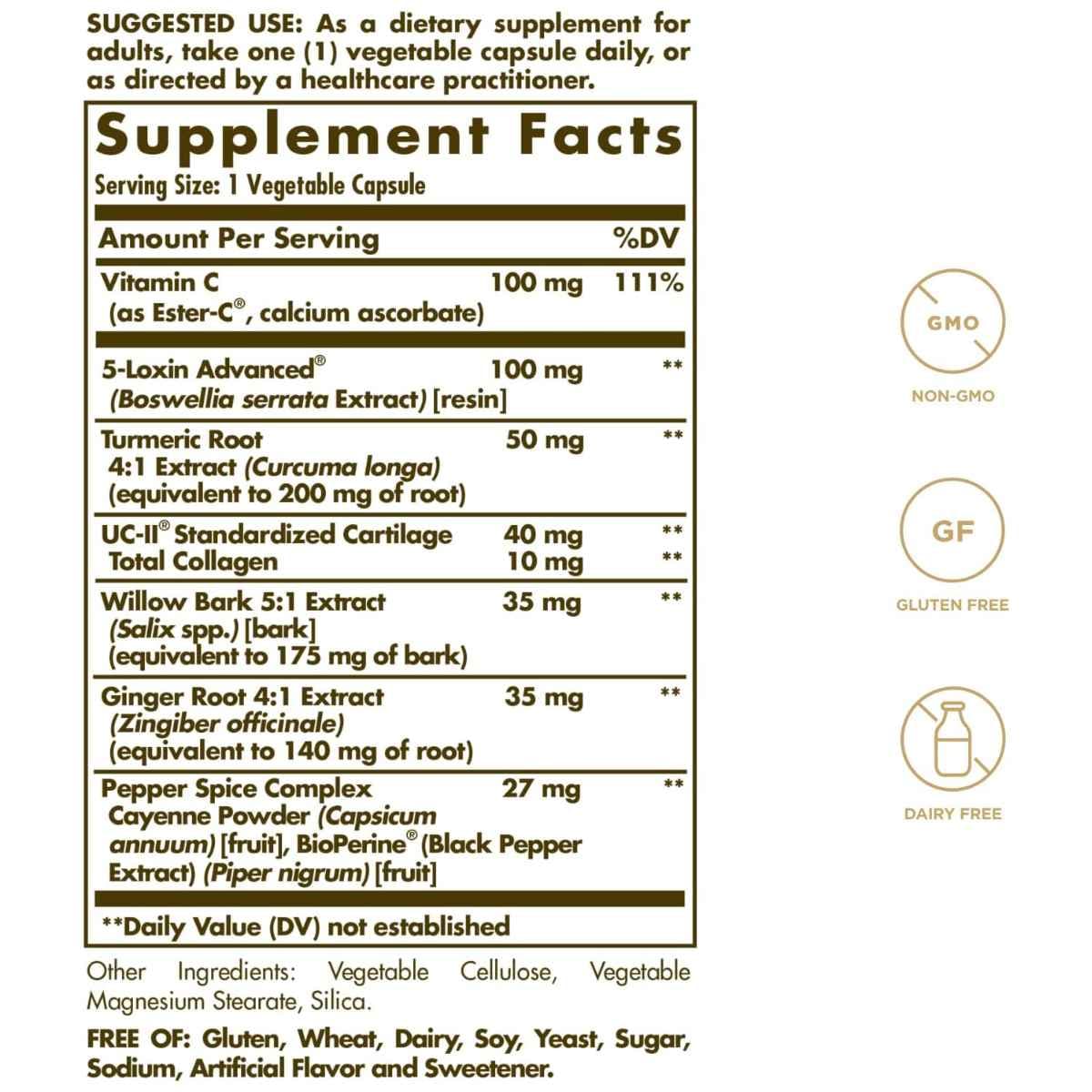 Tabla nutricional del suplemento Solgar No. 7 Advanced Joint Support Complex 105 cápsulas
