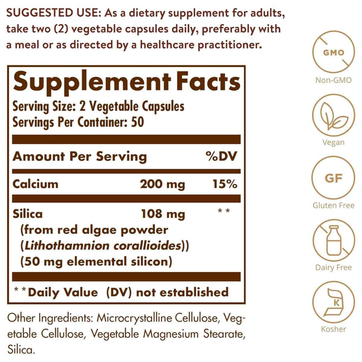 Tabla nutricional del suplemento Solgar Sílice Oceánica 100 cápsulas