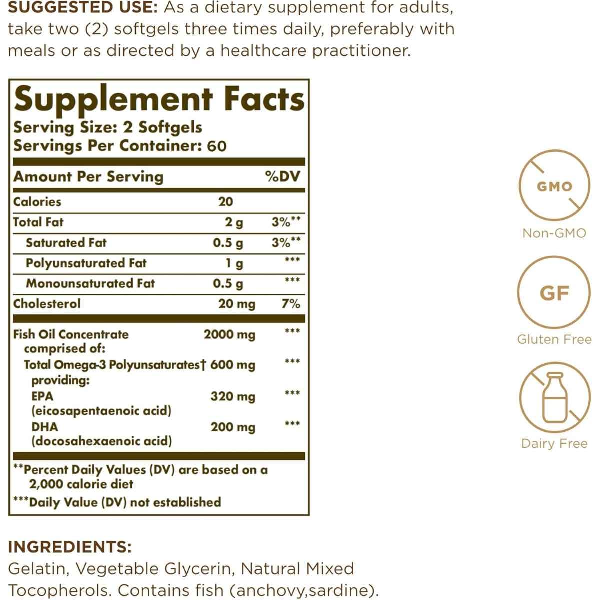 Etiqueta de suplemento de Solgar Omega 3 aceite de pescado concentrado de 120 cápsulas blandas con información de porción e ingredientes