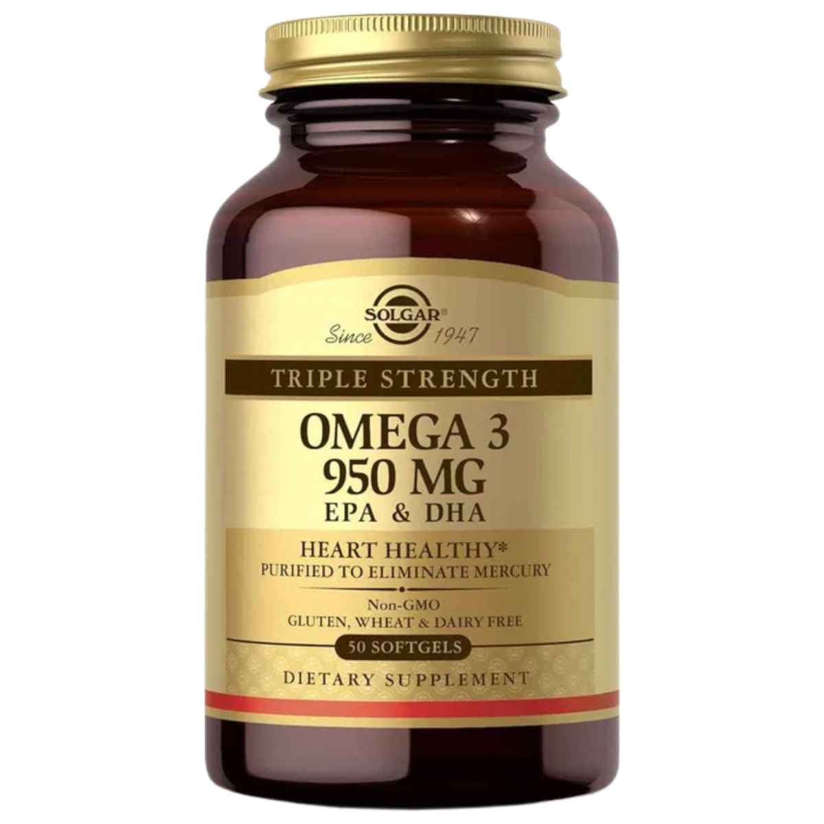 Frasco de Solgar Omega 3 EPA y DHA 950 mg, presentación de 50 cápsulas blandas