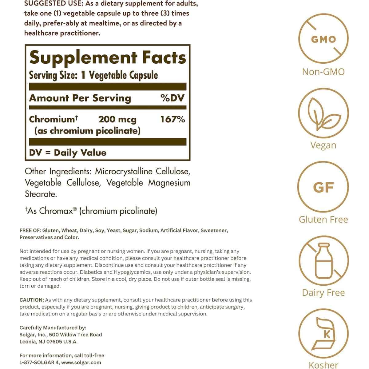 Tabla nutricional del suplemento Solgar Picolinato de Cromo 200 mcg 180 cápsulas vegetales