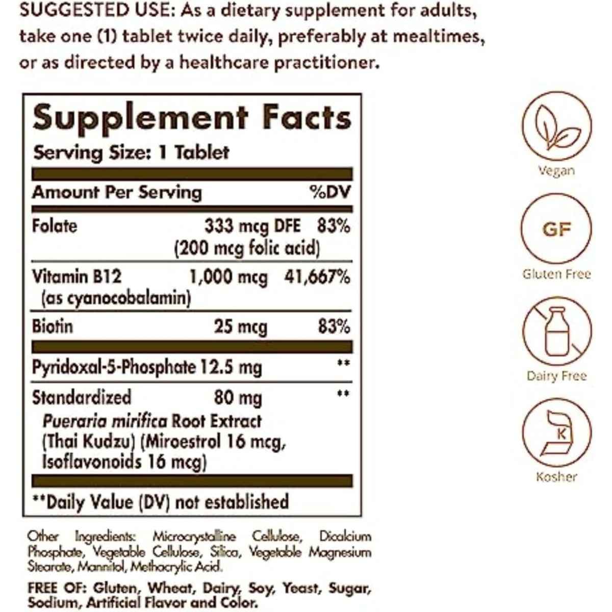 Frasco de suplemento Solgar Pueraria mirifica 60 tabletas