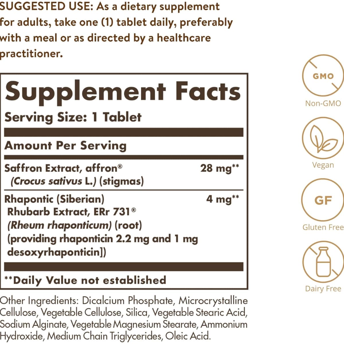 Tabla nutricional del suplemento Solgar Ruibarbo Siberiano y Azafrán 30 tabletas