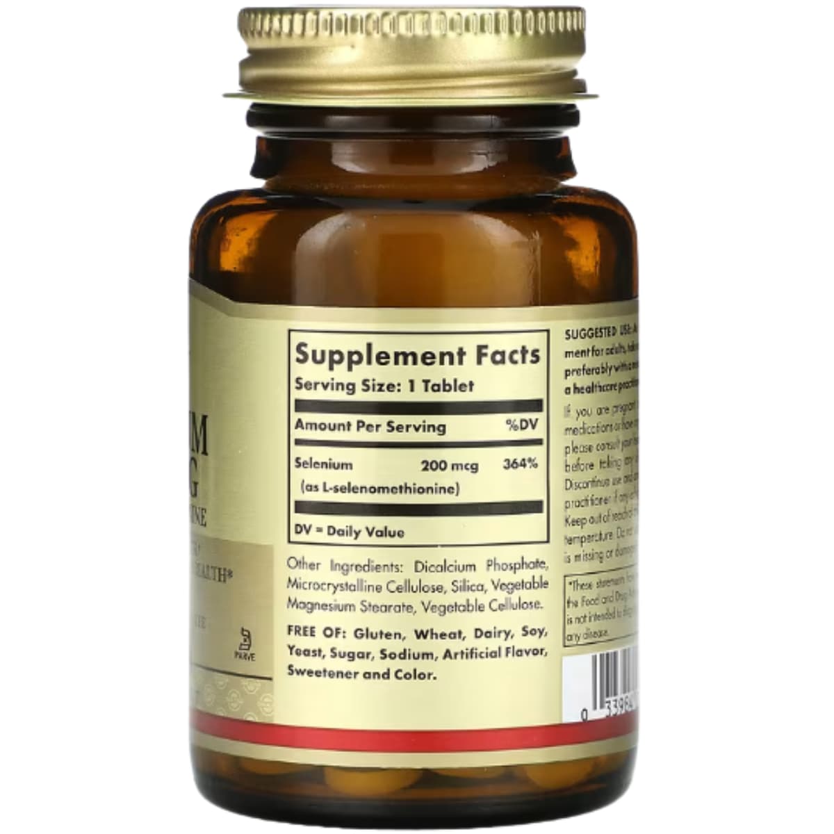 Tabla nutricional del suplemento Solgar Selenio 200 mcg 100 tabletas