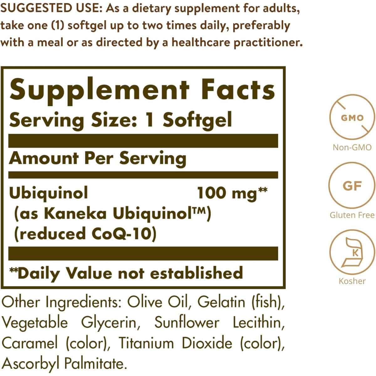Tabla nutricional del suplemento Solgar Ubiquinol 100 mg 60 cápsulas blandas